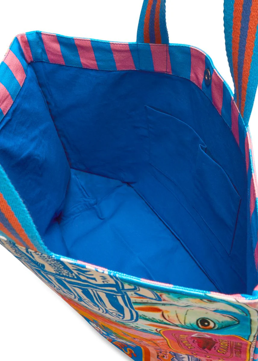 Shopper aus robustem Canvas mit Streifenmuster und Sardinenmotiven - Image 3