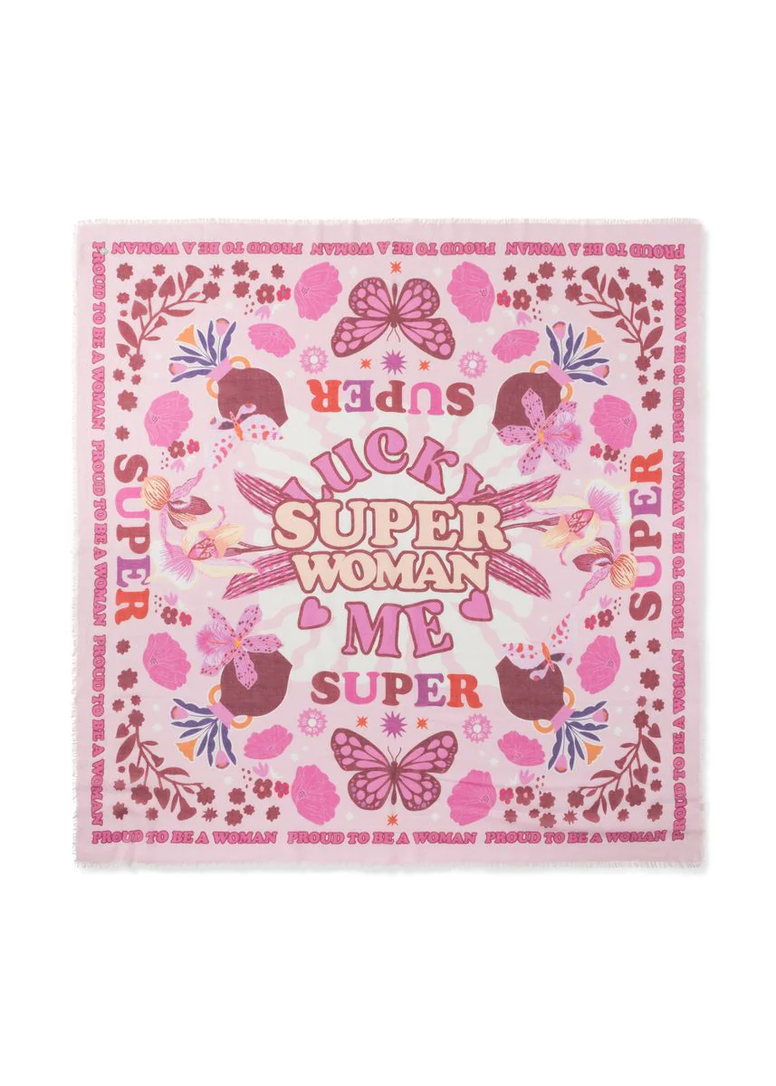 Tuch aus leichter Baumwolle mit Mustermix und SUPER WOMAN-Schriftzug - Image 2